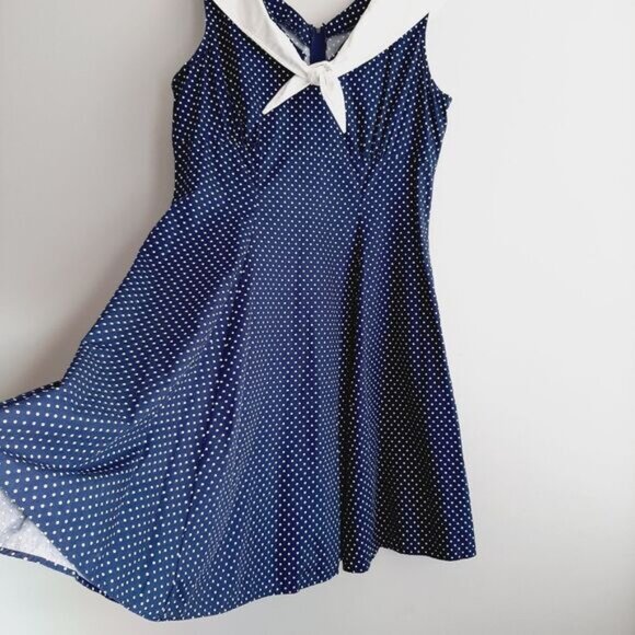 Navy Polka Dot Midi Dress with White Collar - Picture 8 of 16